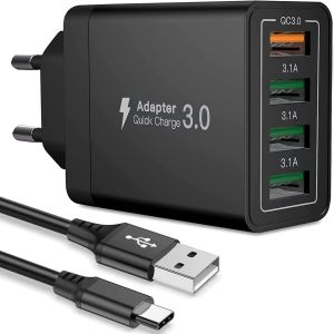 KALANKA-Chargeur USB 4 Ports, Quick Charge 3.0 + 3 USB-A avec c&acirc;ble Universel Type-C, Chargeur Multi USB Compatible avec t&eacute;l&eacute;phones, tablettes, appareils Photo, Consoles de Jeux et Autres p&eacute;riph&eacute;riqu - Neuf