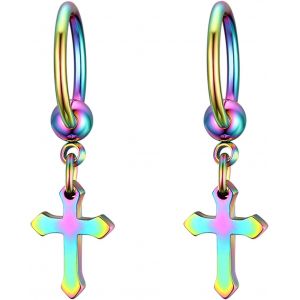 Kal-Boucles D`Oreilles Pour Homme Femme, Créoles D'oreilles Piercings Couleur Argent Coloré Noir Ronde Pendante Croix Rétro Hip Hop Cadeaux Anniversaire Noël - Neuf
