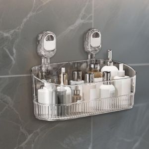 Étagère de douche avec ventouse - En acrylique - Organiseur de salle de bain - Volume élevé sans perçage - Pour salle de bain, toilettes, cuisine - Gris transparent - Neuf