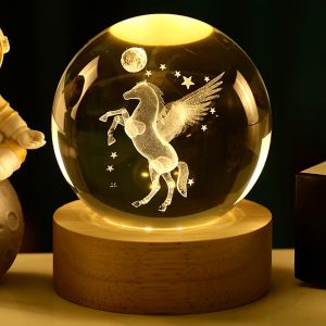 Veilleuse Pour Enfants, Ornements En Cristal, Lampes De Noël En Forme De Boule De Cristal Avec Contrôle Led Base En Bois, Boules De Cristal Gravées 3D, Décoration D'Intérieur - Neuf