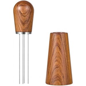 Distributeur de caf&eacute; professionnel en acier inoxydable avec 4 aiguilles fines et manche en bois naturel pour broyeur &agrave; espresso - Support en bois stable inclus - Dimensions 4,8cm x 13cm - Neuf