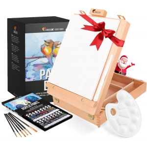 Nouvelhorizonstore-Chevalet Peinture 34 Pi&iquest;&iquest;Ces - Coffret Peinture, 24 Peintures, 6 Pinceaux, Toile &iquest;&iquest; Peindre 24x30cm, Spatule, Palette - Cadeau Pour Les Artistes - Neuf