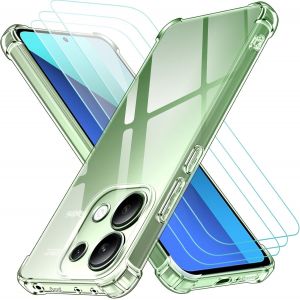 4 en 1 Coque pour Xiaomi Redmi Note 13 4G (Pas pour Redmi Note 13 5G) avec 3 Pi&egrave;ces Verre Tremp&eacute;, Transparent &Eacute;tui de Protection en Silicone Antichoc, Souple TPU Anti-Rayures Bumper Housse - Neuf