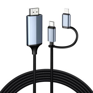 VornixorSarlshop-C&acirc;ble 2 en 1 Lightning et type C vers HDMI 2 m, cordon HDMI pour iPhone, double interface pour iPhone 16-12/iPad Pro/Air/Mini, synchronisation vid&eacute;o et son (pas pour ordinateurs port - Neuf