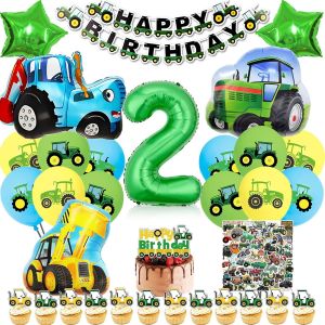 SJZG-Decoration Anniversaire Tracteur 2 Ans, Kit D&eacute;co Fete Garcon, Xxl Ferme Ballon Aluminium Vert Bleu, Ferme Fete Ballon Banni&egrave;re Decoration Gateau Autocollant (Anniversaire Tracteur Enfants 2 Ans) - Neuf