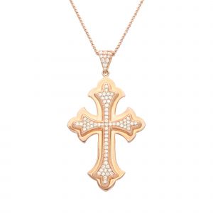 Collier Croix Argent Rose Pendentif Pavée Sertie - Neuf