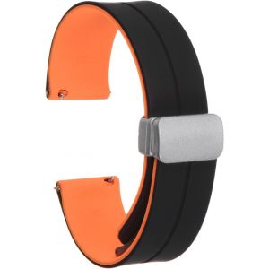 Kal-Bracelet De Montre En Silicone Magnétique 20mm À Dégagement Rapide, En Caoutchouc Souple Imperméable Avec Boucle Pliante En Métal Argenté Pour Hommes Et Femmes, Noir/Orange - Neuf