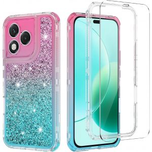 Kal-Coque Pour Honor 400 Lite 5g Avec 1 Verre Trempé, 360 Degrés Full Body Protection Étui Transparente Paillettes Housse Glitter, Antichoc Anti-Rayures - Rose - Neuf