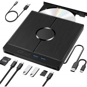 Lecteur CD DVD Externe pour PC,Lecteur DVD Externe avec de Carte SD/TF,Lecteur CD Externe pour Ordinateur Portable, PC, pour MacBook, pour Windows 11/10/8/7/XP/OSX/Pour Linux - Neuf