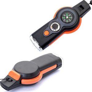 Sifflet De Survie D'urgence 7 En 1 Avec Cordon - Puissance Sonore De 120 Db, Boussole, Thermomètre, Allume-Feu, Lumière Led Et Compartiment De Rangement - Neuf