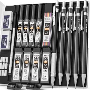 5 Noir Porte-Mines En M&eacute;tal Avec &Eacute;tui, Crayons D'artiste Avec 9 Bo&icirc;tes De Mines De Rechange 0,3, 0,5, 0,7, 0,9 Et 2 Mm(Color&eacute;es 2h Hb 2b 4b), 2 Gommes, Porte-Mines En Graphite Pour Croquis - Neuf