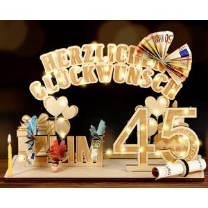 Tzf-Cadeau En Bois Original Pour 45e Anniversaire - Avec Guirlande Lumineuse Led - Cadeau Pour Homme Et Femme - Décoration D'anniversaire 45 Ans - Neuf