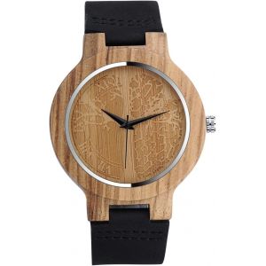 Eryi-Montre En Bois De Bambou Homme, Avec Sangle En Cuir Pleine, Le Bois Original Montre Bracelet, Montre À Quartz, L'arbre De Vie, Marron Et Noir - Neuf