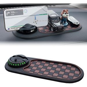 Tapis Antid&eacute;rapant Multifonction 3 En 1 Pour Voiture Avec Num&eacute;ro De Stationnement Temporaire,Support Universel De T&eacute;l&eacute;phone De Voiture,Rotatif &Agrave; 360 &deg;,Antid&eacute;rapant (Marron) - Neuf