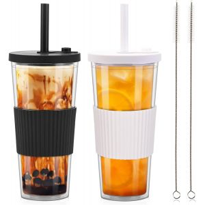 730ml Boba Gobelet Verre Bubble Tea Cup Anti-Fuite, Tasse À Thé À Bulle Gobelet Avec Paille Et Couvercle, 2pcs Reutilisable Tasses À Thé Isolée À Double Paroi Pour Smoothie Café Jus De Fruits - Neuf