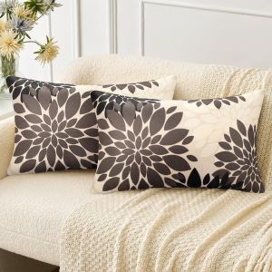 Trahoo-Housse De Coussin 30 X 50cm, Lot De 2 Motif Dahlia Fleurs D&eacute;coratif Canap&eacute; En Lin Marron Et Noir Moderne Taie D'oreiller Pour Canap&eacute; Lit Chambre Chaise Jardin Automne Coussin D&eacute;cor - Neuf