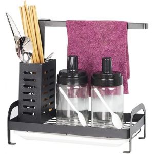 Chenquansarl-Organisateur Évier Noir Rangement Evier Cuisine Égouttoir 3-In-1rangement Evier Cuisine Support Support Porte Eponge Porte-Serviette Porte Eponge Evier Avec Plateau Amovible - Neuf