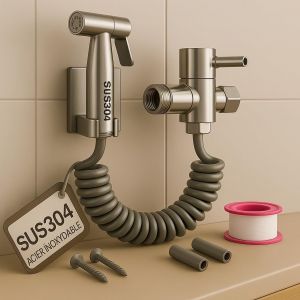 kit douchette wc Acier Inoxydable SUS304, avec Vanne 3 voies, tuyau, flexible de douche, douche salle de bain, parfait pour Hygiène personnelle, accessoires wc - Neuf