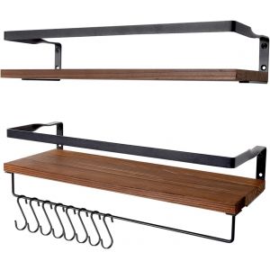 Lot de 2 &eacute;tag&egrave;res murales flottantes en Bois pour Chambre &agrave; Coucher, Salle de Bain, Salon, Cuisine avec 1 Barre Porte-Serviettes et 8 Crochets en S, Charge maximale de 15 kg - Neuf