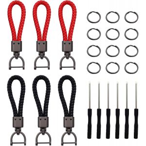 6 Pi&egrave;ce Porte Clef Cuir Tress&eacute;e Porte Cl&eacute; Voiture Et Moto Portes Clef Cuir Pour Homme Femme Avec Anneau En D Et Tournevis Pour Voiture Moto Maison Bureau (Noir,Rouge) - Neuf