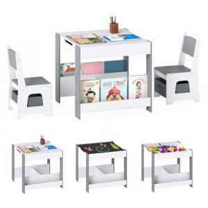 Costway Table 4 En 1 Et 2 Chaises Pour Enfants En Bois Vec Plateau Réversible, Bibliothèques & Tiroirs Pour Dessin, Lecture Gris - Neuf