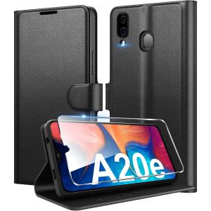 JGD-Coque pour Samsung Galaxy A20e en Premium Cuir PU, Portefeuille Housse Etui pour Cartes Protection Anti-Choc Flip Case avec 1 Verre Tremp&eacute; Noir - Neuf