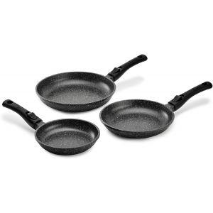 Pcui001032-Lot De 3 Poêles En Fonte D'aluminium Premium Ø20,24,28cm-Revêtement Anti-Adhésif Façon Pierre-Manches Amovibles-Tout Feu,Noir.[K359] - Neuf