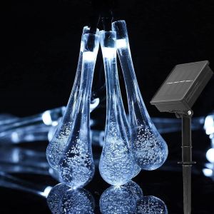Kal-Guirlande Lumineuse Exterieur Solaire, 30 Led 6,3m Lumière De Goutte D'eau Solaire Pour Extérieur Et Intérieur, Lampe Décoration Étanche Pour Jardin, Arbres, Fêtes Noël, Terrasse(Blanc) - Neuf
