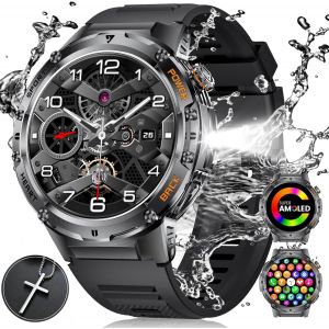Montre Connectée Homme Avec Torche Led,1,43"" Amoled Montre Connectée Militaire Avec 530mah Akku 5atm Étanche Fitness Tracker 132 Modes De Sport,Smartwatch Avec Appel Bluetooth Pour Android Ios - Neuf