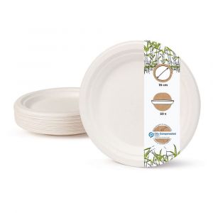 Kalanka-Greenbox - Vaisselle Jetable En Bagasse Respectueuse De L'environnement - 50 Assiettes Rondes Blanchies - En Canne À Sucre - Assiettes Jetables Bio - 18 Cm - Pour Fête - Neuf