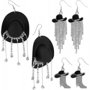 Kal-3 Paires Boucles D'oreilles Western Cowboy Cowgirl, Chapeau &Eacute;mail Bottes Pompon Strass Scintillant Boucles D'oreilles Pendantes Country Bal Rod&eacute;o Bijoux Pour Tenues Femmes - Neuf