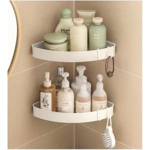Etagere Douche Angle, Lot de 2 Etag&egrave;re de Douche d'angle Sans Per&ccedil;age, Serviteur de Douche d'angle avec 4 Crochets Amovibles, pour Salle de Bain, Cuisine, Blanc - Neuf