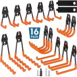 MEVRONISSHOP-Lot de 16 crochets muraux orange à visser, charge 439 kg sur bois/brique, support vélo, accroche vélo mural garage, crochets U J et ondulés, rangement outils mural garage, atelier, abri, - Neuf