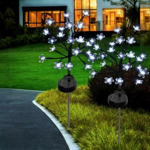 Lot De 2 Lampes Solaires Pour Jardin - 16 Led - Fleurs De Cerisier - &Eacute;clairage Ext&eacute;rieur - Simulations Solaires - D&eacute;coration De Jardin Pour Terrasse, Patio, Balcon - Blanc Froid - Neuf