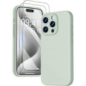 3 en 1 Coque iPhone 15 Pro Silicone Liquide - avec 2 Verre Tremp&eacute; - &Eacute;tui Protection Pr&eacute;cise de Cam&eacute;ra [R&eacute;sistant aux Rayures] [Antid&eacute;rapant] iPhone 15 Pro Case 6.1"", Vert P&acirc;le - Neuf