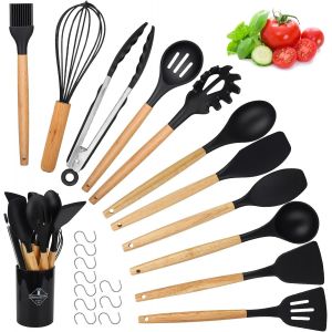 Mevronisshop-Ustensiles De Cuisine En Silicone, 22 Pcs Accessoire Cuisine Set Sans Bpa, Kit D'ustensiles De Bois, Antiadh&eacute;sive Set Avec Pot De Rangement, Noir - Neuf