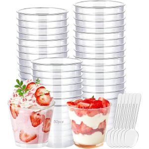 Mevronisshop-Lot De 50 Tasses &Agrave; Dessert 200ml, Ensemble De Tasses &Agrave; Dessert Tasse &Agrave; Dessert R&eacute;utilisable Avec Cuill&egrave;re Pour Les Desserts De F&ecirc;tes Dessert - Neuf