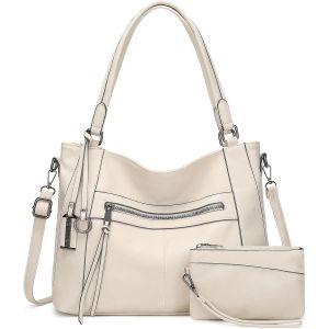 TZF-Sac a Main Grand Cuir PU Sac Hobo Sacs Cabas Femme Sacs Bandouli&egrave;re Fourre Tout Messenger et Portefeuille Ensemble pour Travail Shopping Party Voyage, Beige - Neuf