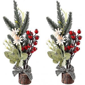 Lot de 2 Mini Sapins de Noël Artificiels,9.5 '',avec Base en Bois et Fleur,Artisanat,Décoration Intérieure,A2 - Neuf