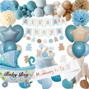LETNERNY-Decoration Baby Shower Garcon, Deco Baby Shower Boy, Arche De Ballon Bleu Beige Marron, It'S A Boy Lettre Bannière, Pompons En Papier Pour Révélation De Genre Decoration - Neuf