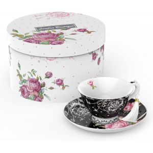ERYI-Ensemble Tasse À Thé Et Soucoupe - 1 Service À Thé De L'Après-Midi - Porcelaine Anglaise Vintage - Boîte Cadeau - Motif Floral - Noir - 200 M - Neuf