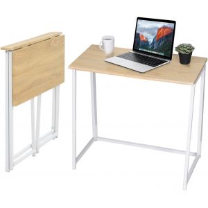 SUBZONAL-Meuble Cosy Bureau Informatique Pliant pour Petits Espaces Postes de Travail Table d'Ordinateur Pliante, Assemblage Facile, Cadre en M&eacute;tal, Ch&ecirc;ne + Blanc, 80x40x74cm - Neuf