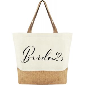 TZF-Sac Fourre Tout en Jute Bride, Sac Mari&eacute;e Cabas de Plage Courses Coton et Jute, Cadeau pour mari&eacute;es lors des mariages, Accessoires JGA - Neuf