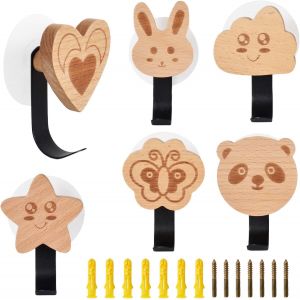 6 Pcs Porte Manteau pour Enfant, Porte Manteau Mural Bois, Porte Manteau en Forme d'Animaux, Lapin, Panda, Amour, Papillon Porte Manteau Mural avec Vis, pour Armoire, Cuisine, Salle de Bains, Chambre - Neuf