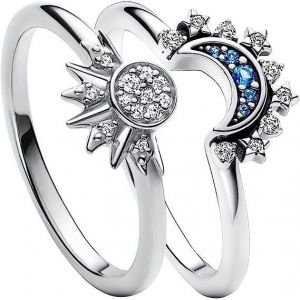 Bague Soleil Et Lune (Argent), 2 Pièces, Motif Soleil Et Lune Scintillant, Bague Or/Argent, Bague En Forme De Lune Et De Soleil, Bague D'amitié, Pour Femmes Et Couples - Neuf