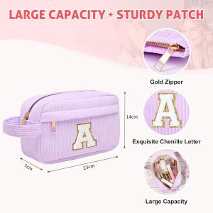 CHENG-Trousse Maquillage Femme, Pochette Maquillage avec Initiale, Sac de Maquillage de Voyage Velours Côtelé Trousse de Toilette Cosmétique Cadeau d'anniversaire Noël Idéal pour Fille Amie Epouse Vi - Neuf