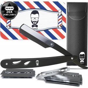 Rasoir À Barbe Coupe Choux |20 Demi-Lames Etui Cuir De Transport |Kit Rasoir De Barbier Manuel Professionnel Barber Visage Classique Entretien A Main Précision Vintage Traditionnel Coiffeur [Z297] - Neuf