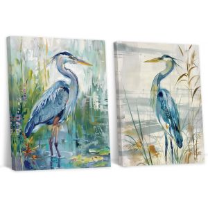 Tableau Heron Sur Toile 2 Pieces Decoration Murale Salon Vintage Oiseau Peinture Cadre Bleu 12x16inchx2P (30x40cmx2P) - Neuf