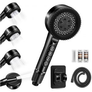 Pommeau deouche Haute Pression, Pommeau Douche Economie Deau 4 Types de Jets Pommeau de Douche Anti Calcaire avec Tuyau Douche 1.5M et Support de Douche, avec Bouton D'arr&ecirc;t D'eau,Noir - Neuf