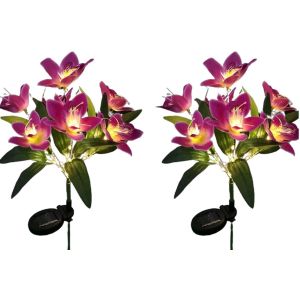 Lot De 2 Lampes Solaires En Forme De Fleur &Agrave; 7 T&ecirc;tes Pour Jardin, Lampe Orchid&eacute;e Led R&eacute;sistante &Agrave; L'eau, Violette - Neuf